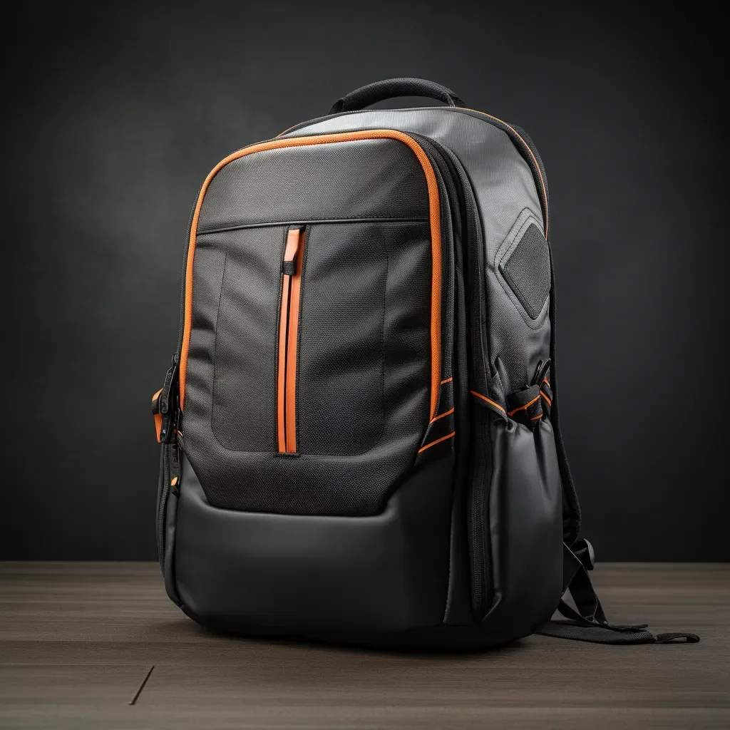 Professional backpack interior showing organized tech compartments, laptop sleeve, cable management, and pen holders