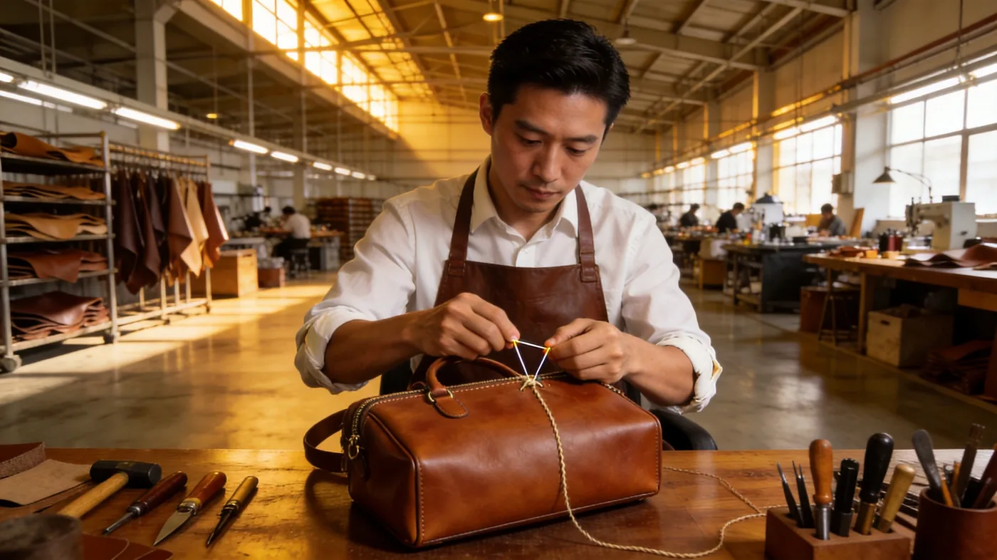 Bespoke bags in full-grain leather arranged on a cutting table in the Quanzhou studio