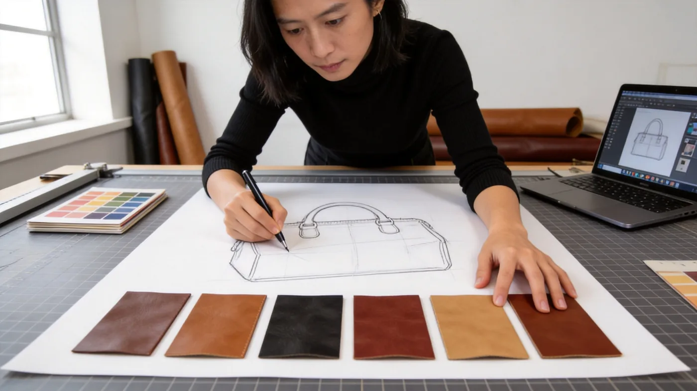 Hides graded and marked before leather cutting on the production floor during bag manufacturing